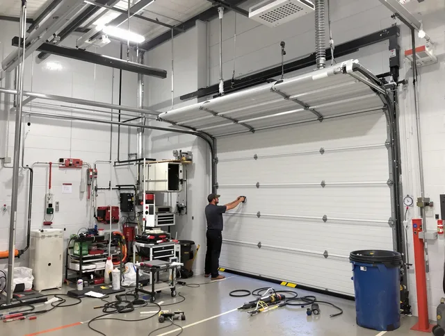 Parma Garage Door Repair certified technician performing commercial door repair at a Parma business facility