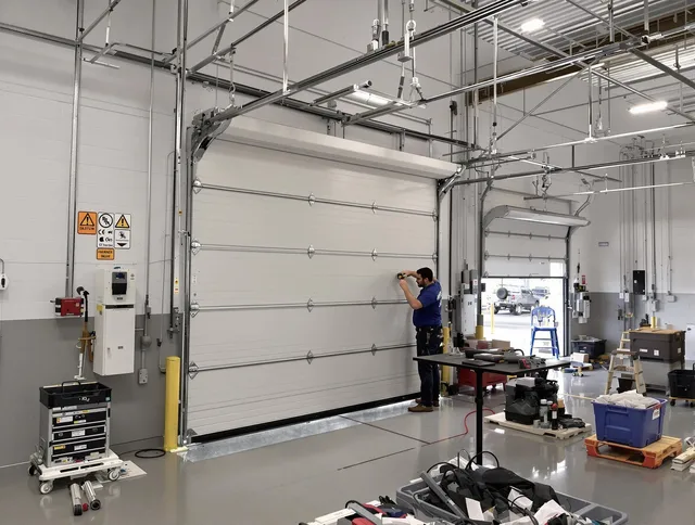 Commercial garage door repair being performed by Parma Garage Door Repair expert in Parma