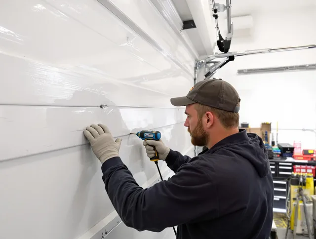 Parma Garage Door Repair technician demonstrating precision dent removal techniques on a Parma garage door