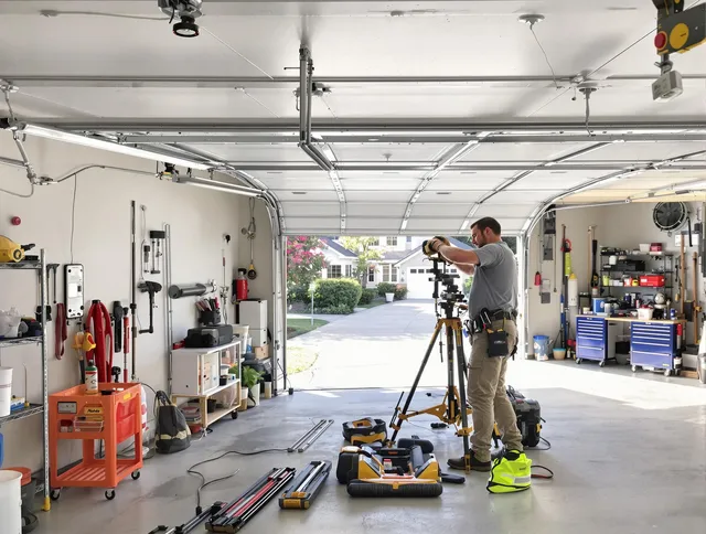 Parma Garage Door Repair specialist performing laser-guided track alignment in Parma